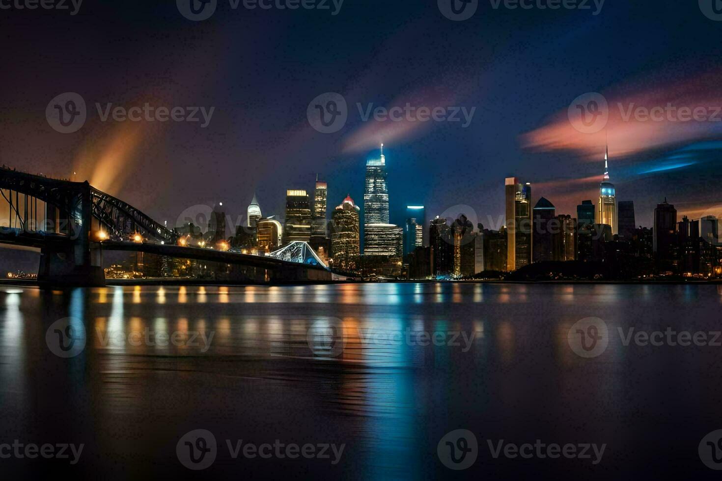 a cidade Horizonte às noite com luzes refletindo fora a água. gerado por IA foto