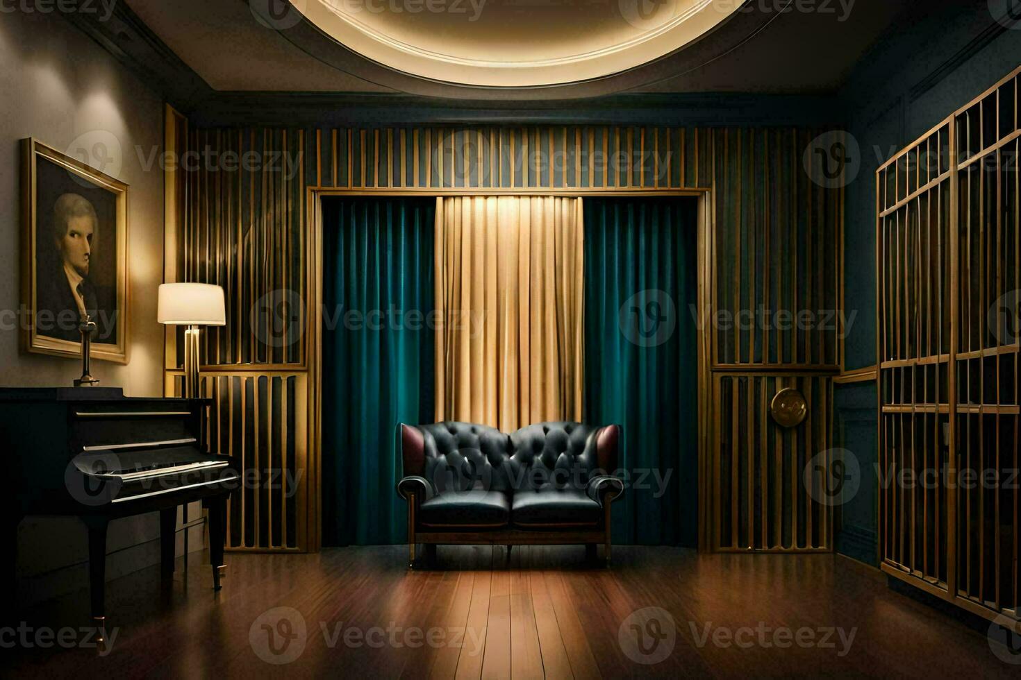 uma quarto com uma piano e uma cadeira. gerado por IA foto