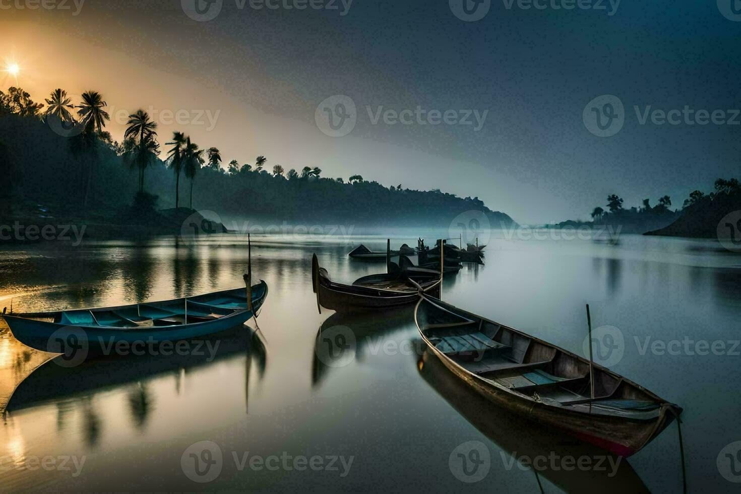 barcos em a rio às nascer do sol. gerado por IA foto