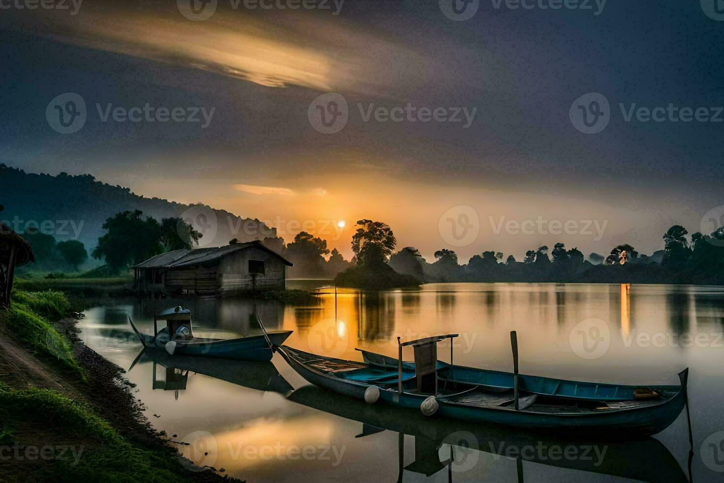 barcos em a rio às pôr do sol. gerado por IA foto