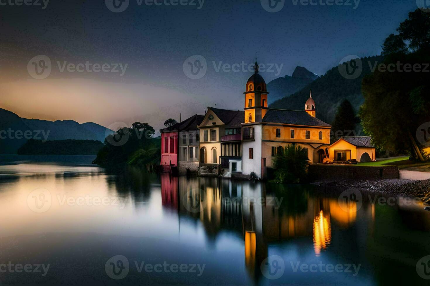 uma Igreja é refletido dentro a água às noite. gerado por IA foto