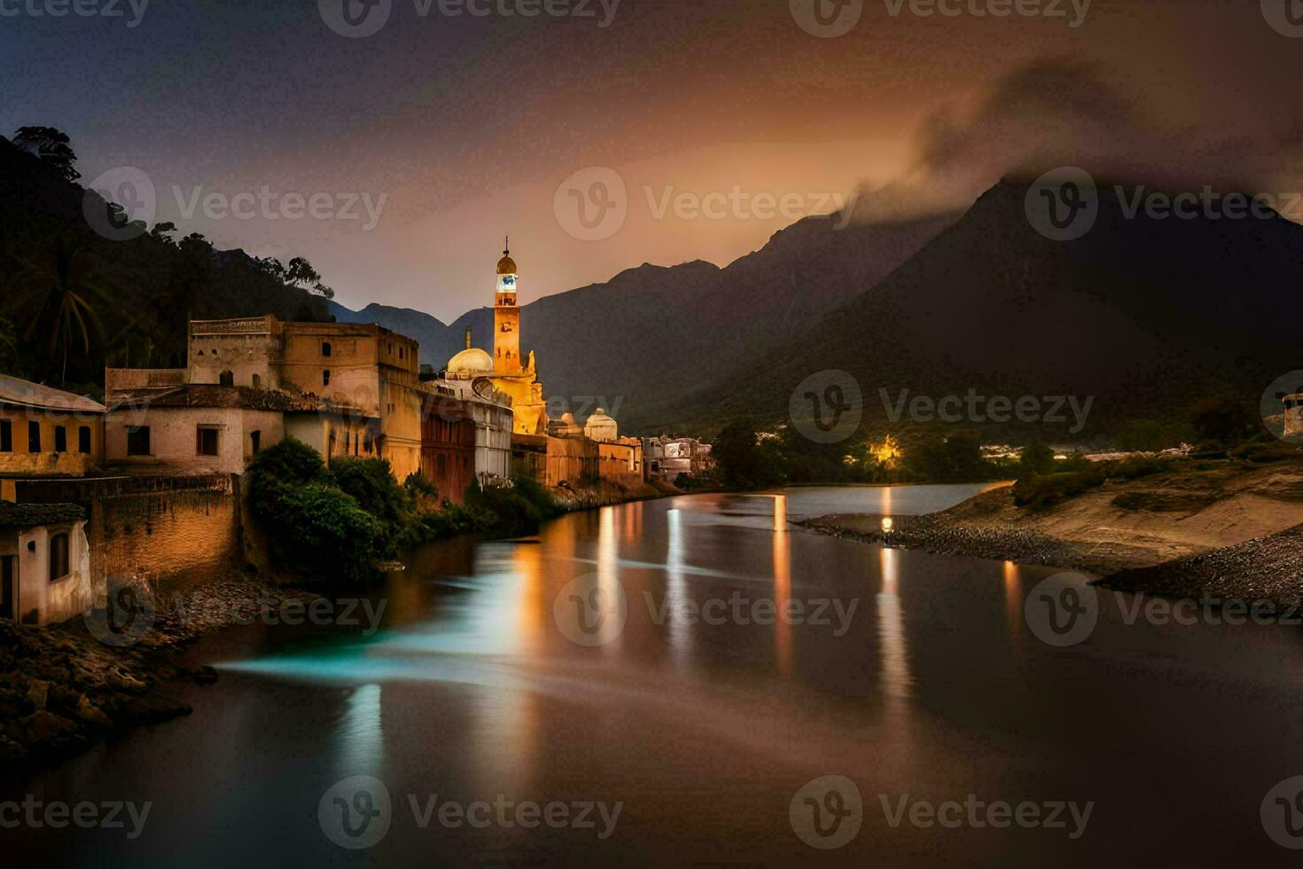 uma rio dentro a meio do uma Cidade às noite. gerado por IA foto