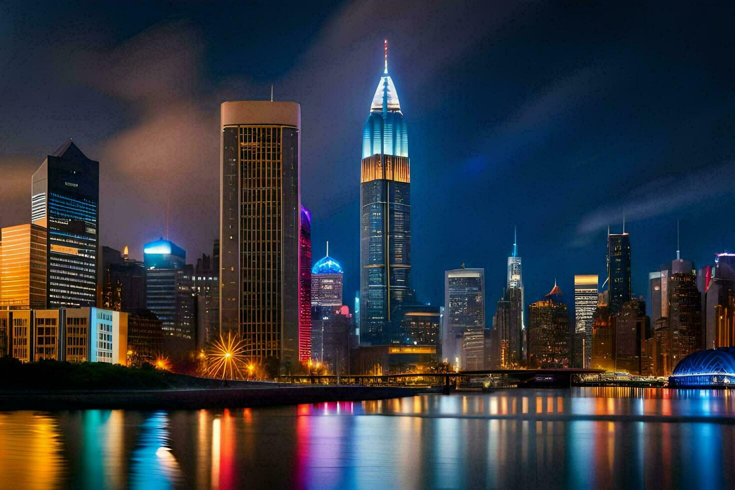 a cidade Horizonte às noite com luzes refletindo fora a água. gerado por IA foto