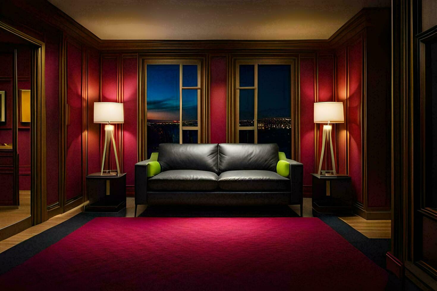 uma vermelho quarto com uma Preto sofá e dois lâmpadas. gerado por IA foto