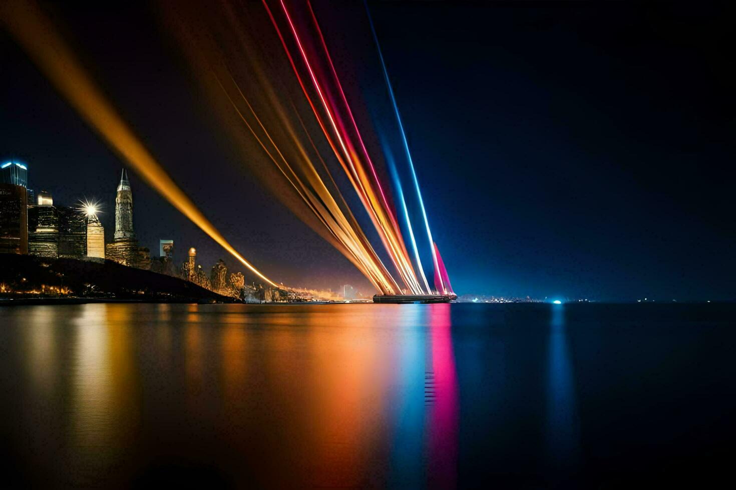 uma grandes exposição fotografia do uma cidade Horizonte às noite. gerado por IA foto