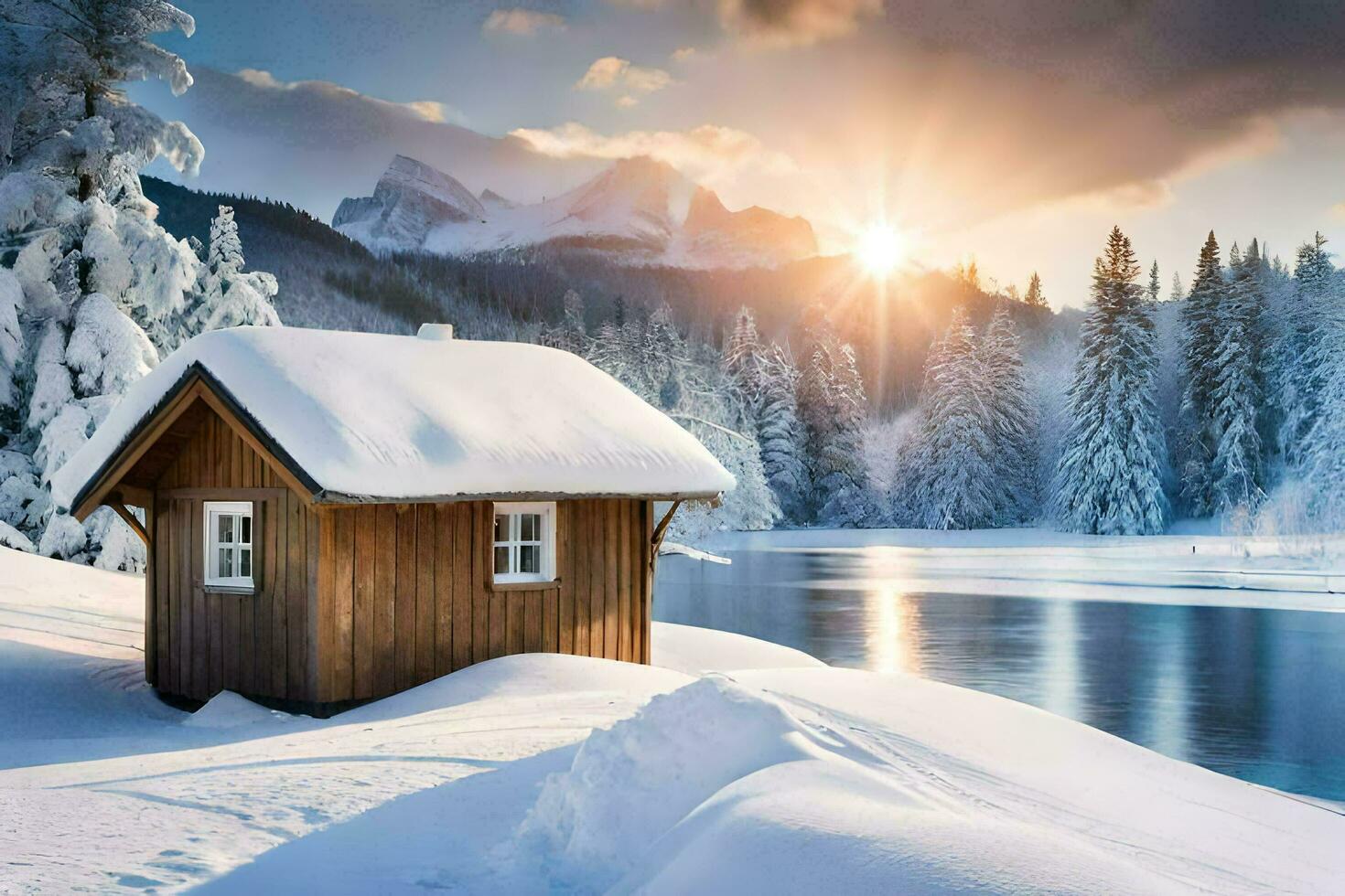 uma cabine dentro a neve com a Sol brilhando. gerado por IA foto