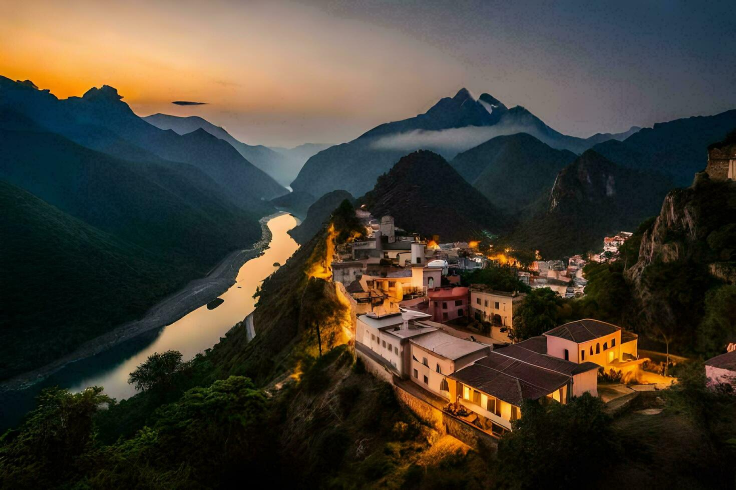 uma Vila dentro a montanhas às pôr do sol. gerado por IA foto