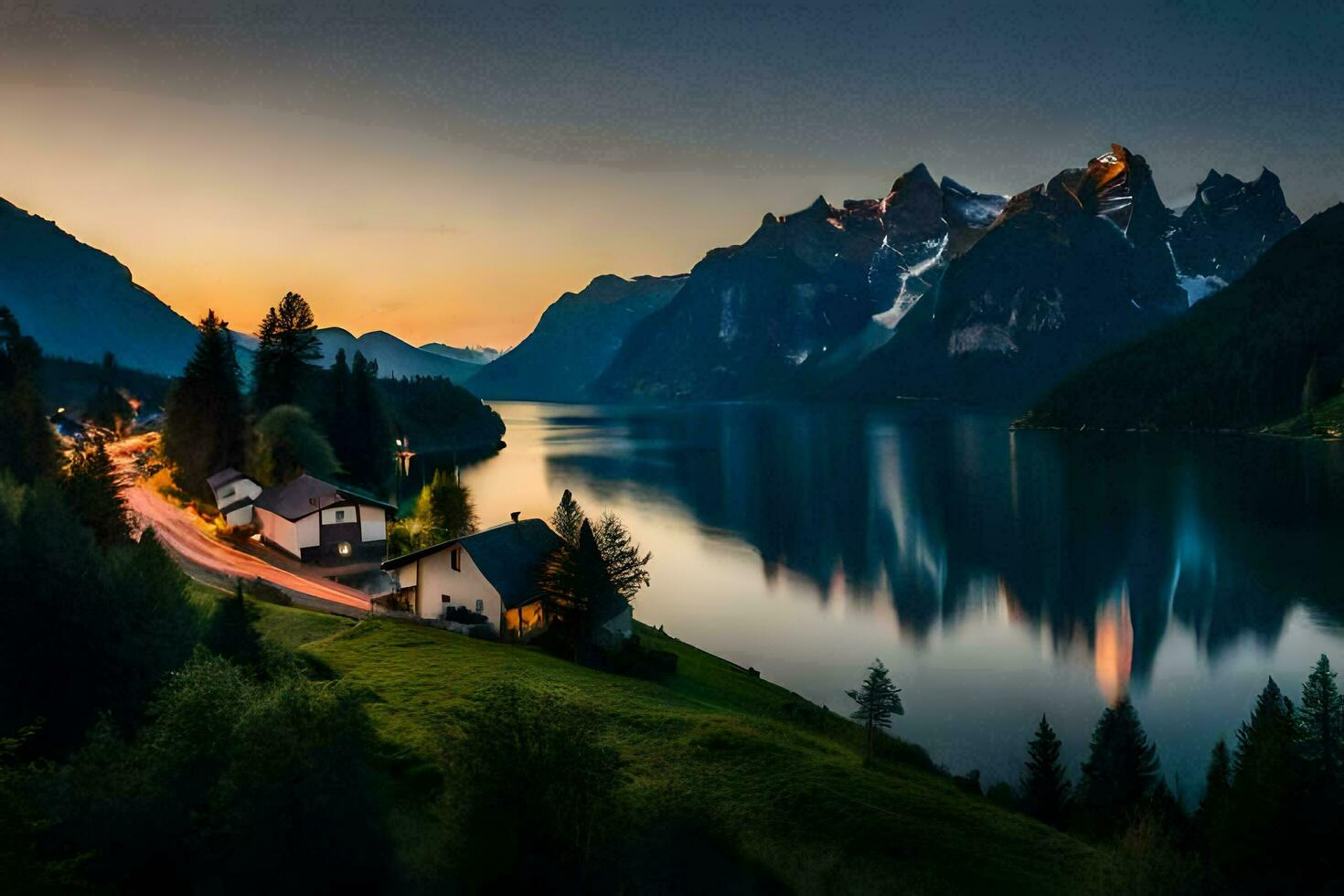 uma lago e montanha alcance às pôr do sol. gerado por IA foto