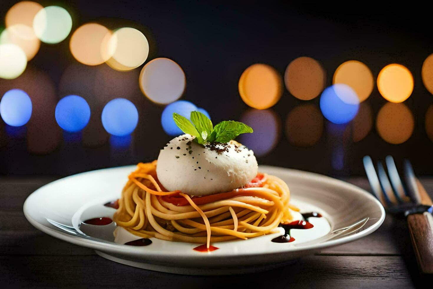 espaguete com mozzarella e tomate em uma placa. gerado por IA foto