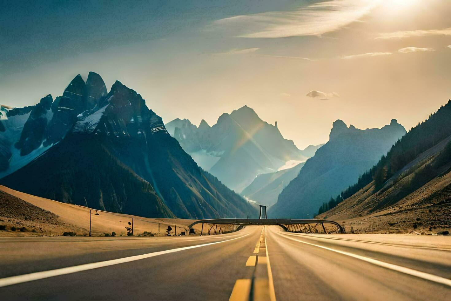 uma estrada dentro a montanhas com montanhas dentro a fundo. gerado por IA foto