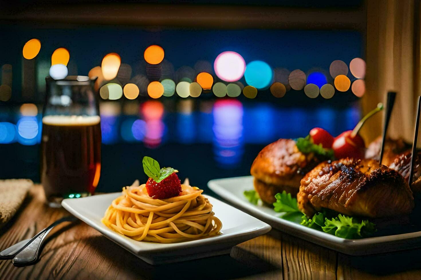 Comida e beber em a mesa. gerado por IA foto