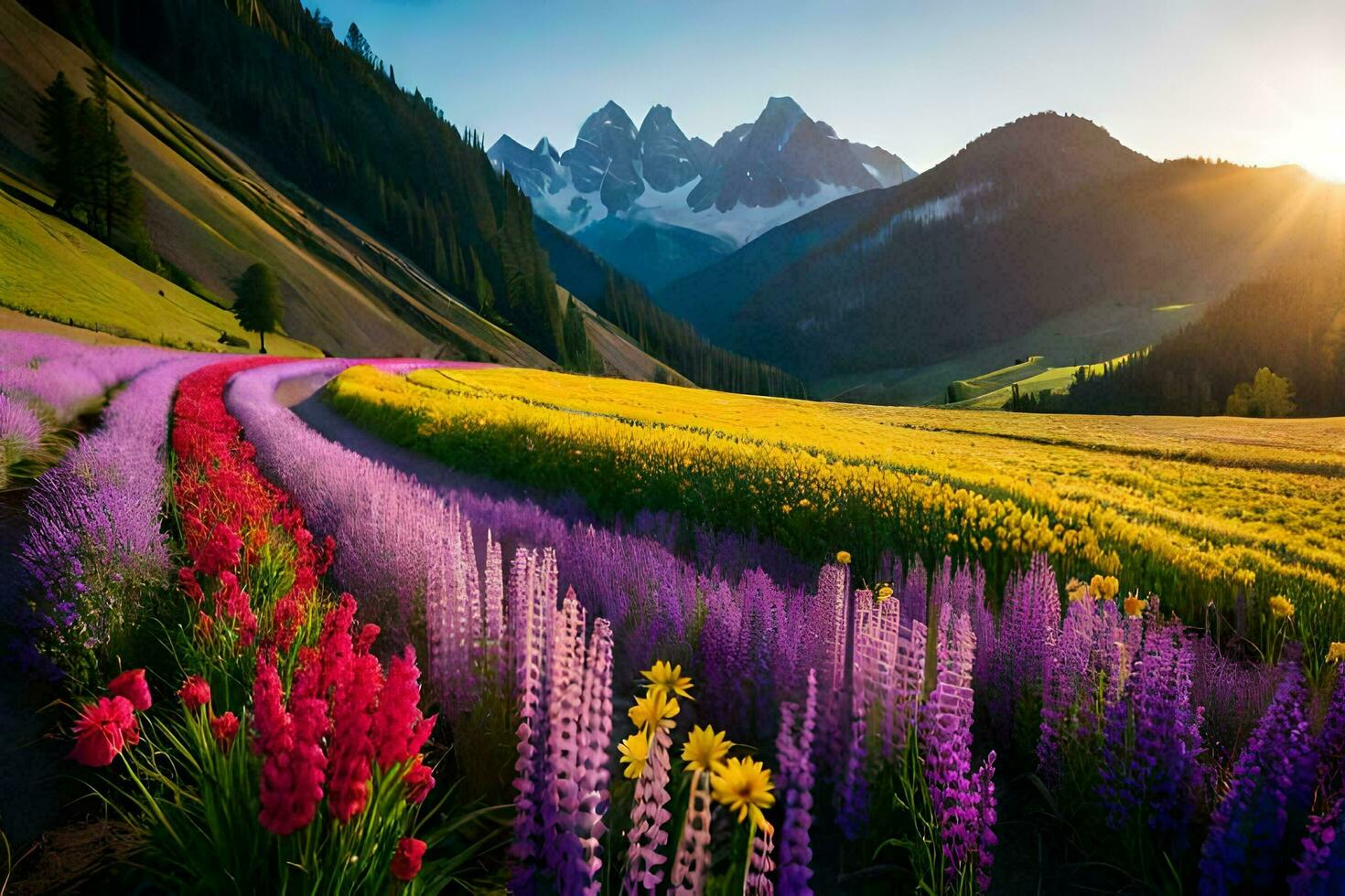 a Sol sobe sobre uma campo do flores dentro a montanhas. gerado por IA foto