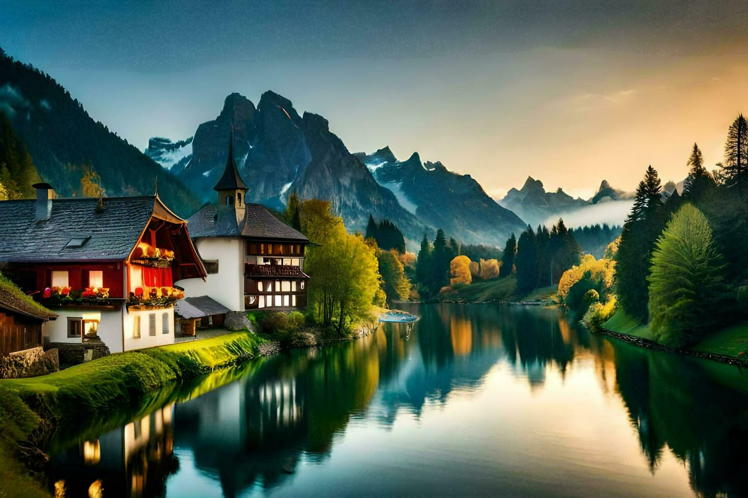 uma lindo montanha cena com uma rio e casas. gerado por IA foto