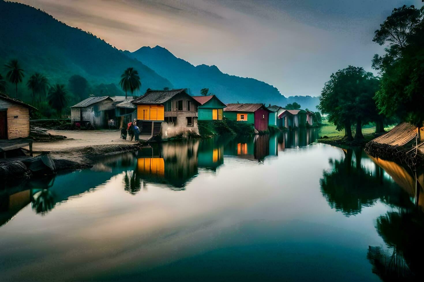 uma rio dentro a montanhas com casas em a bancos. gerado por IA foto