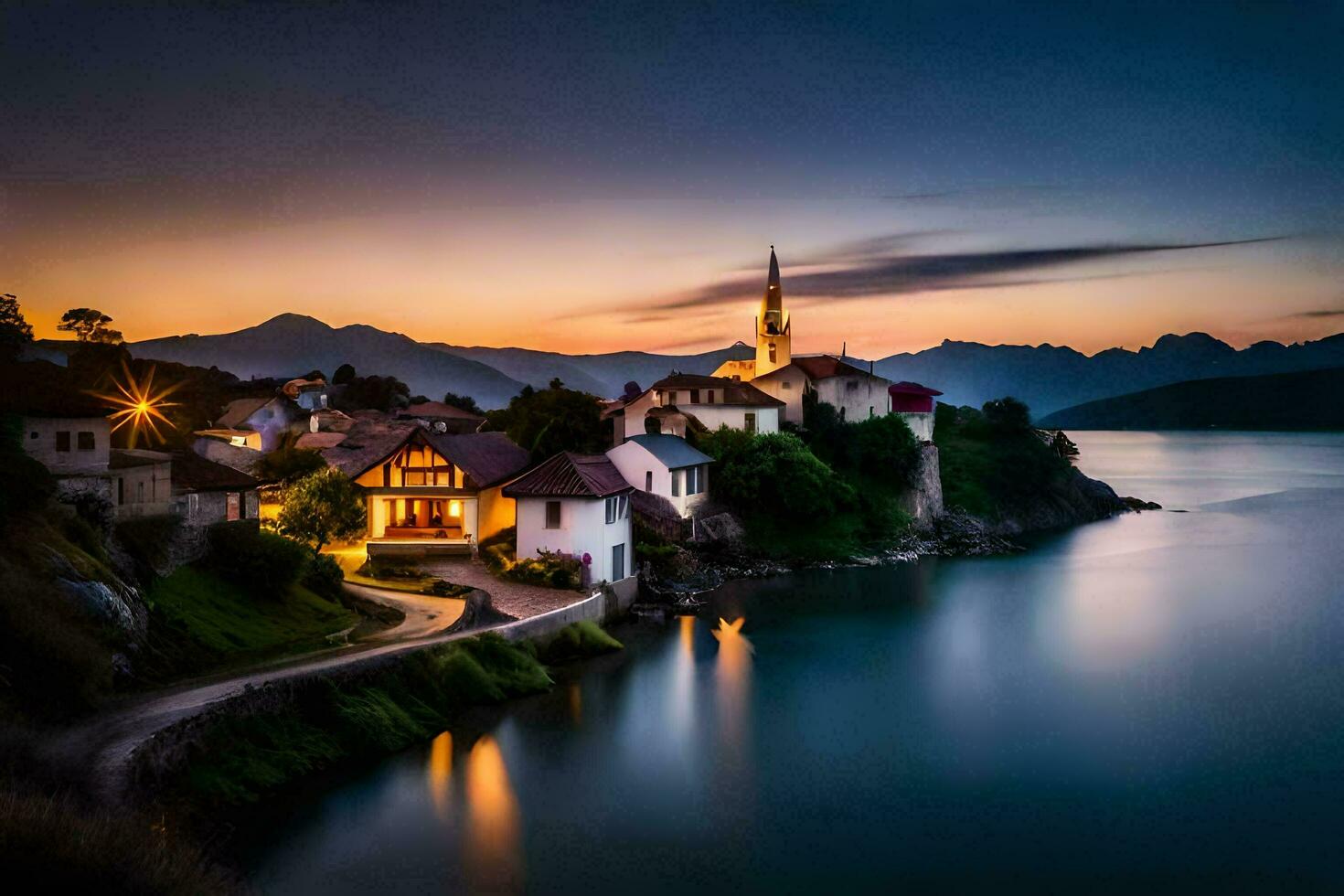 uma Vila senta em a costa do uma lago às pôr do sol. gerado por IA foto