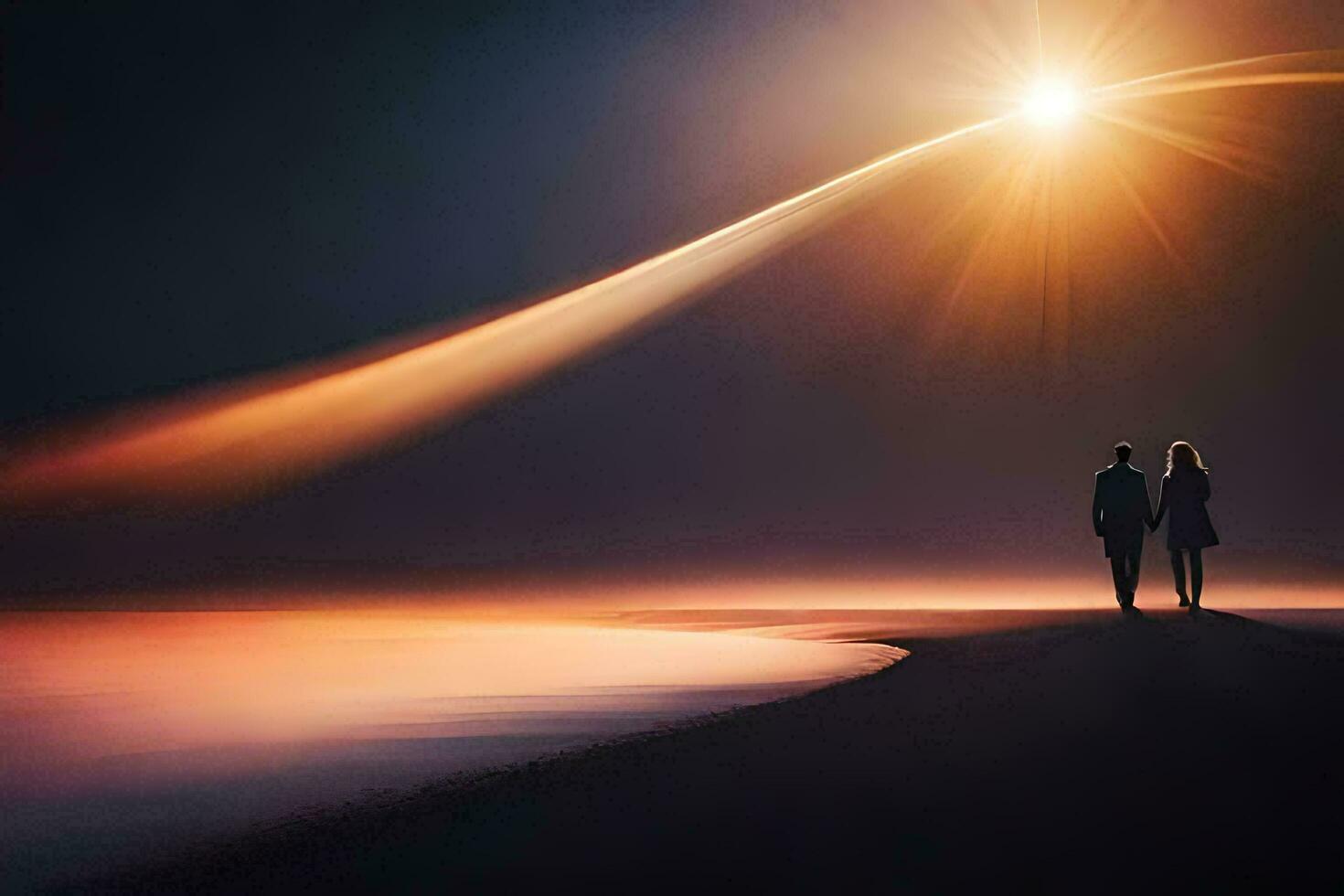 dois pessoas caminhando em a de praia às pôr do sol. gerado por IA foto