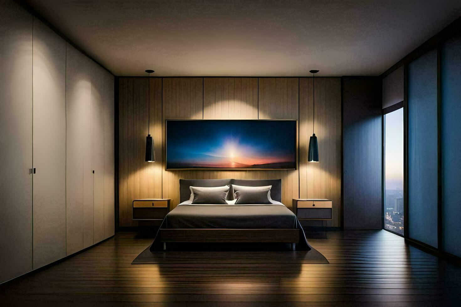 uma quarto com uma ampla pintura em a muro. gerado por IA foto