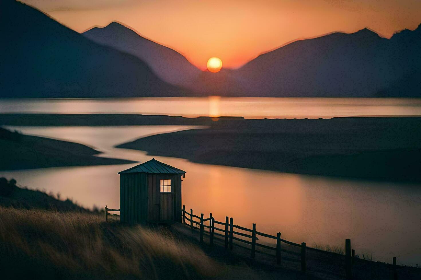 uma pequeno cabana senta em a Beira do uma lago às pôr do sol. gerado por IA foto