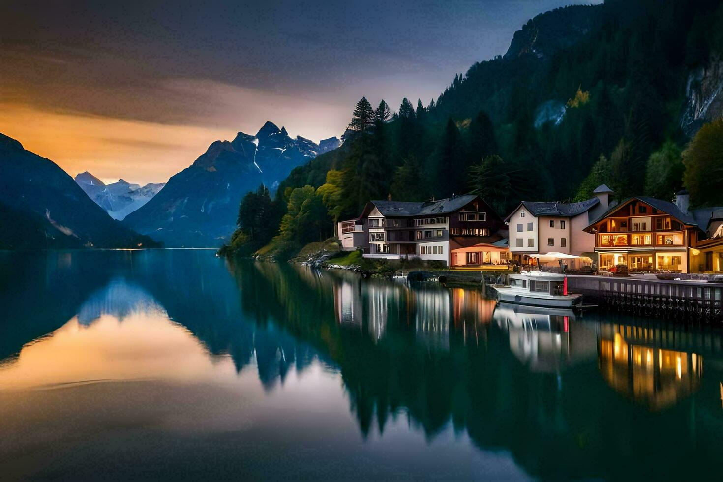 uma lago e casas dentro a montanhas às pôr do sol. gerado por IA foto