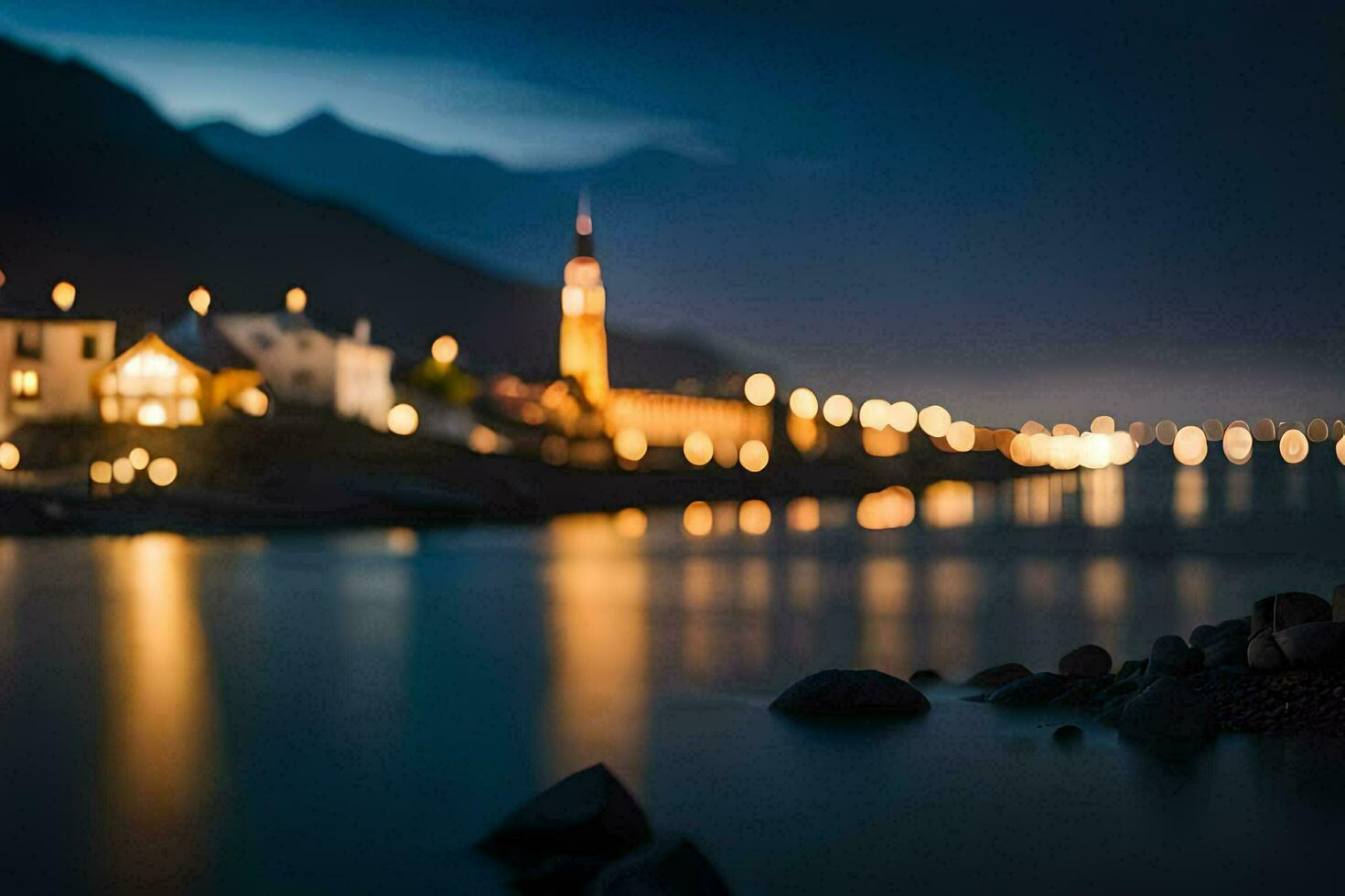 uma cidade às noite com luzes em a água. gerado por IA foto