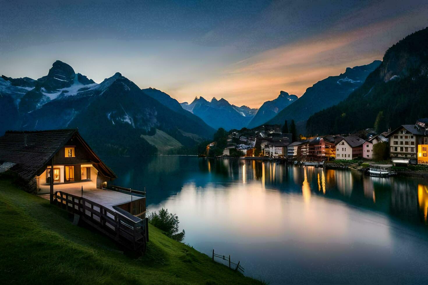 uma lago e montanha Vila às pôr do sol. gerado por IA foto