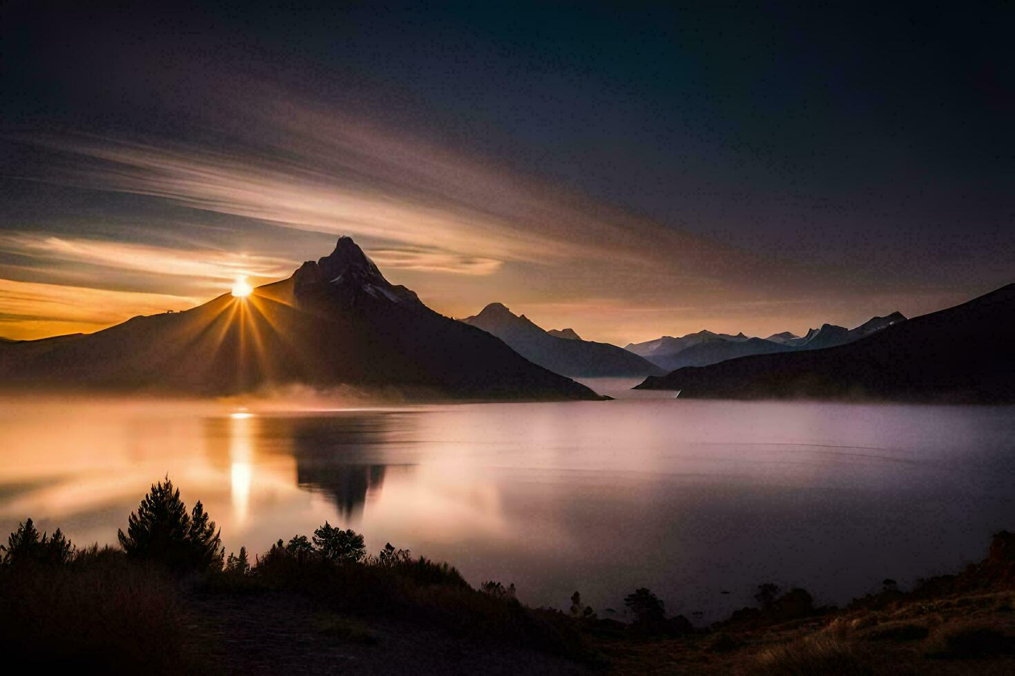 a Sol sobe sobre uma montanha alcance e lago. gerado por IA foto