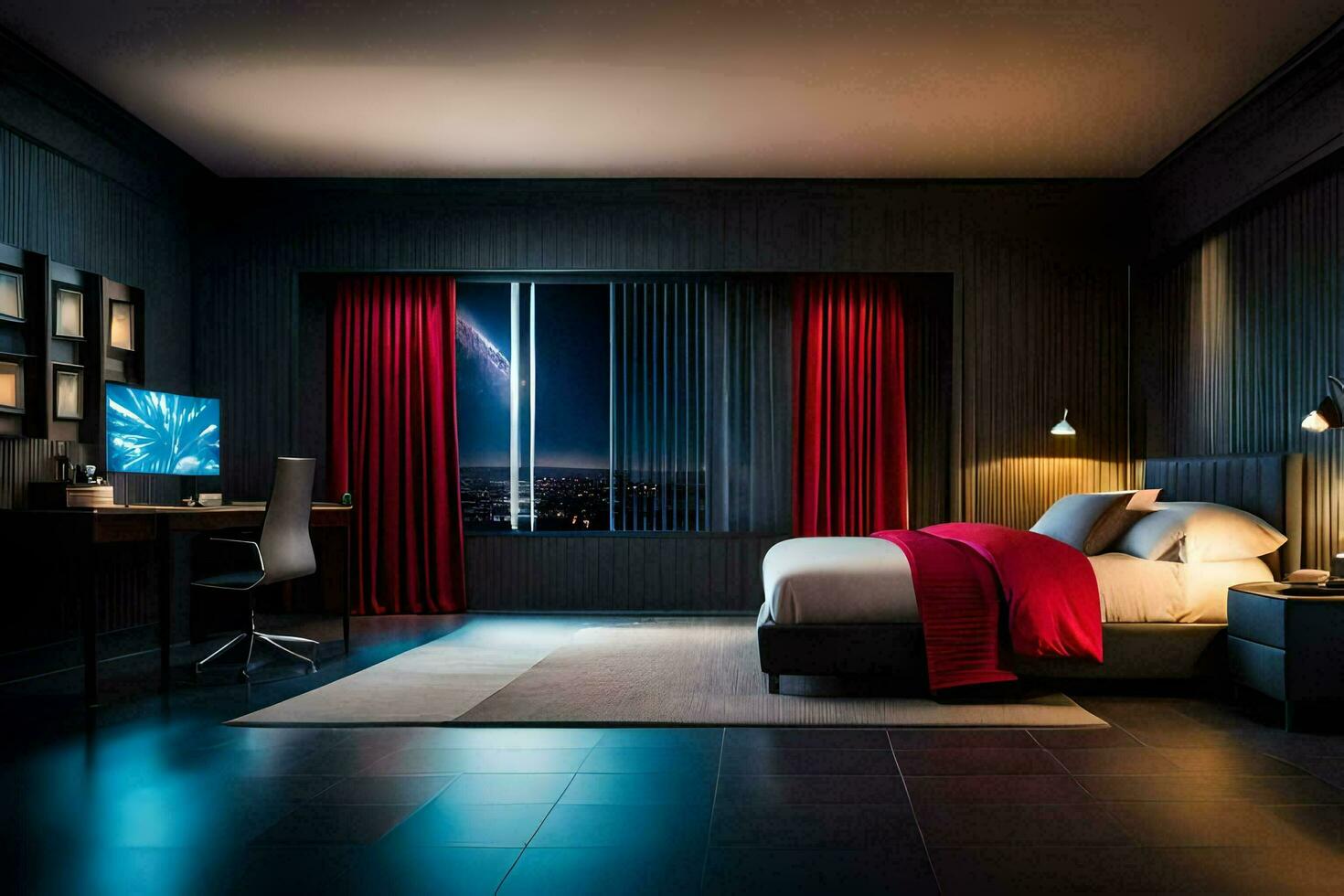 uma quarto com uma cama, escrivaninha e uma janela. gerado por IA foto