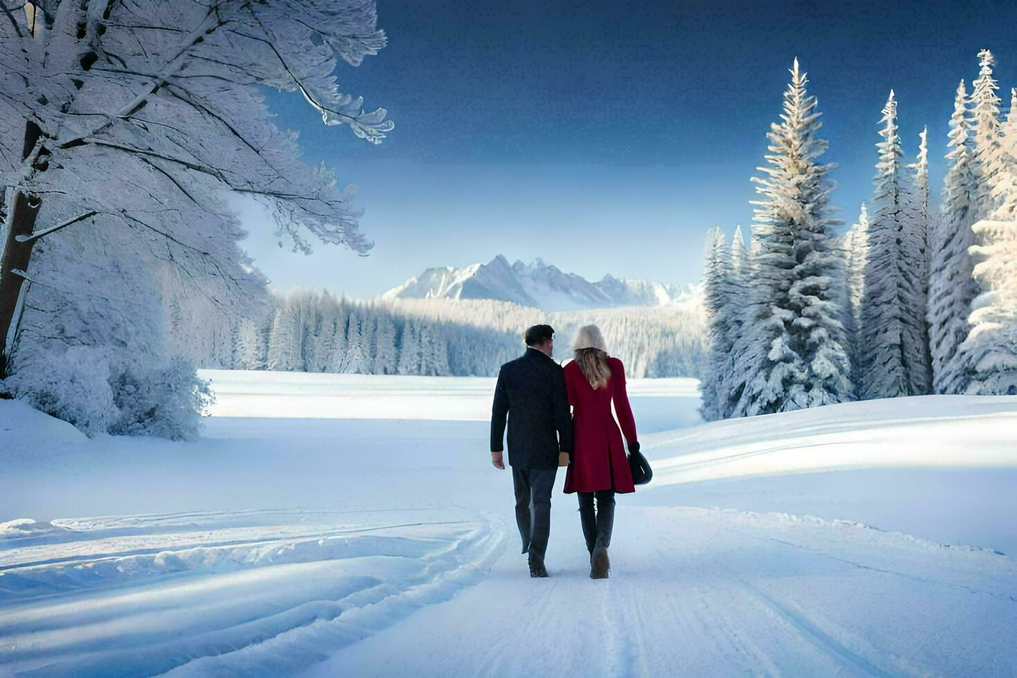 uma homem e mulher caminhando dentro a neve. gerado por IA foto