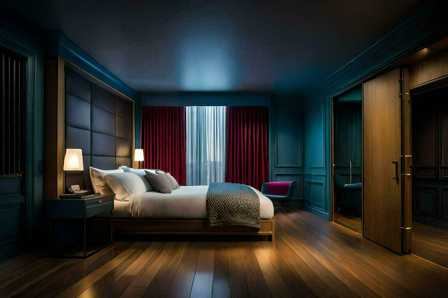uma hotel quarto com uma cama, escrivaninha e de madeira andares. gerado por IA foto
