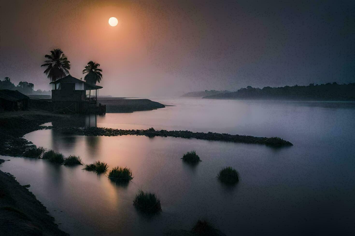 uma lindo nascer do sol sobre a água com Palma árvores gerado por IA foto