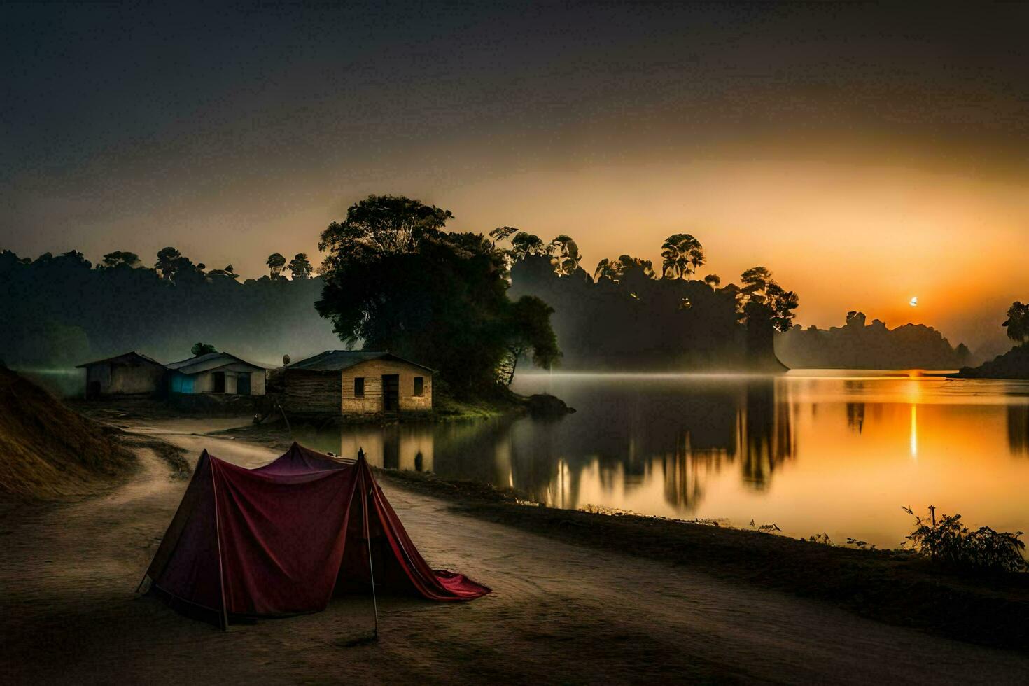 a nascer do sol sobre a lago. gerado por IA foto
