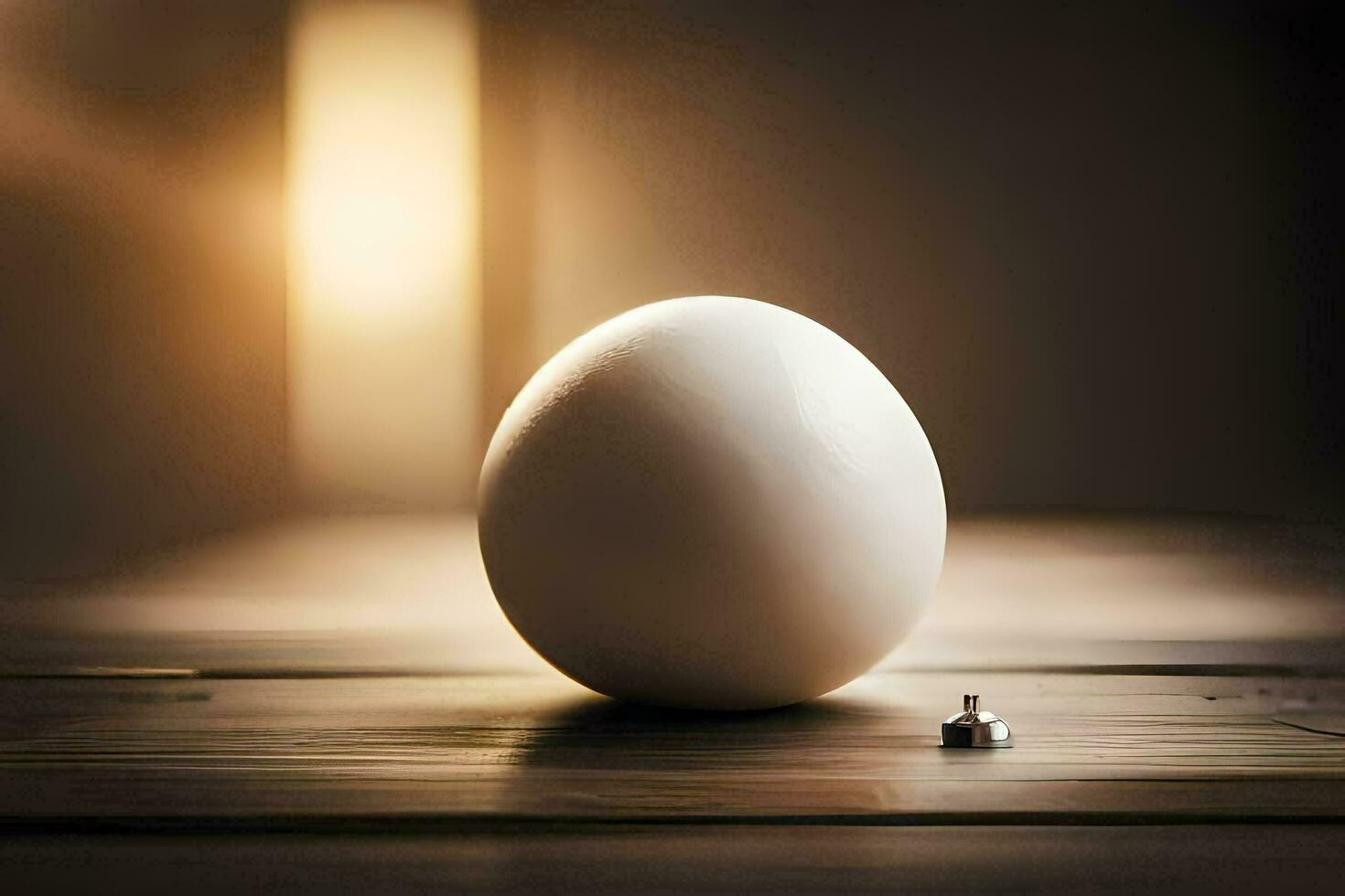 a ovo sentado em uma mesa com uma parafuso. gerado por IA foto