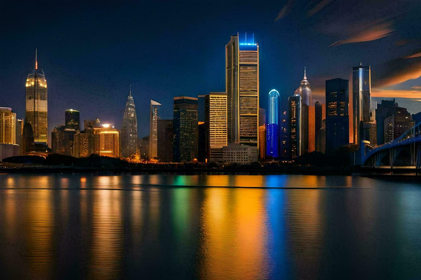 a cidade Horizonte às noite com uma reflexão do a água. gerado por IA foto