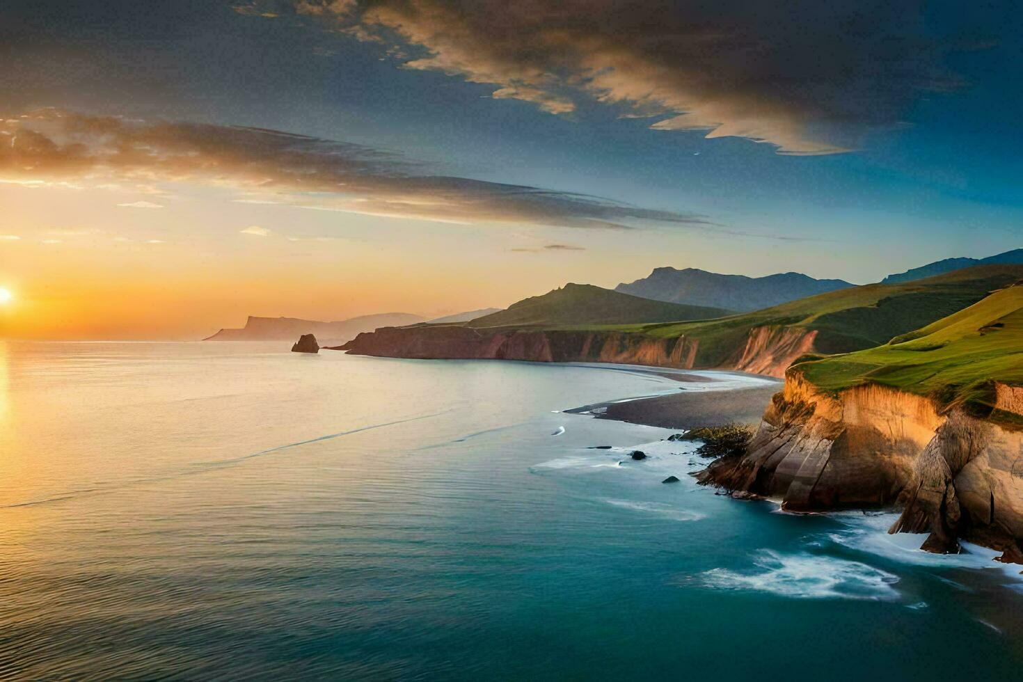 a Sol conjuntos sobre a oceano e falésias. gerado por IA foto