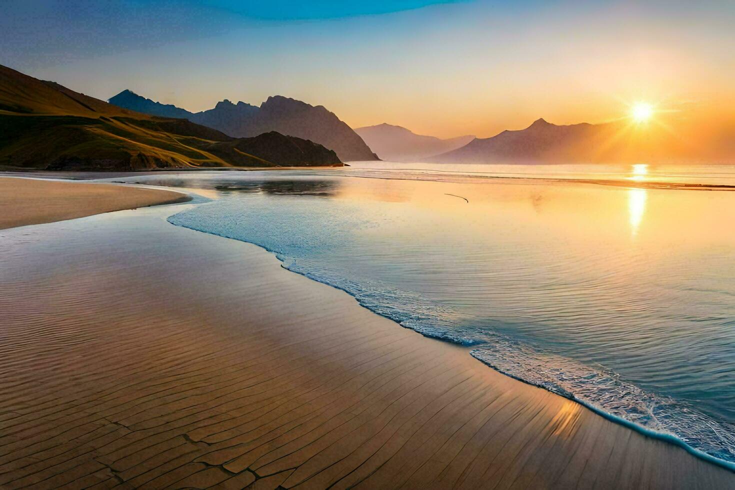 a Sol sobe sobre a oceano e montanhas dentro isto lindo foto. gerado por IA foto