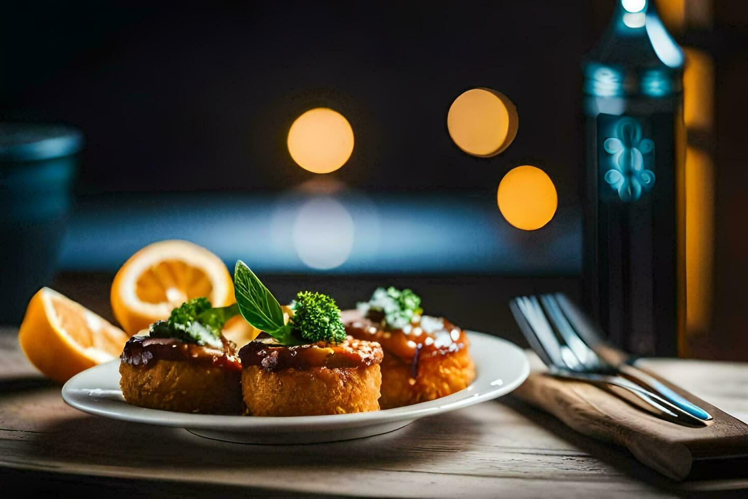 uma prato com Comida em isto e uma garrafa do vinho. gerado por IA foto