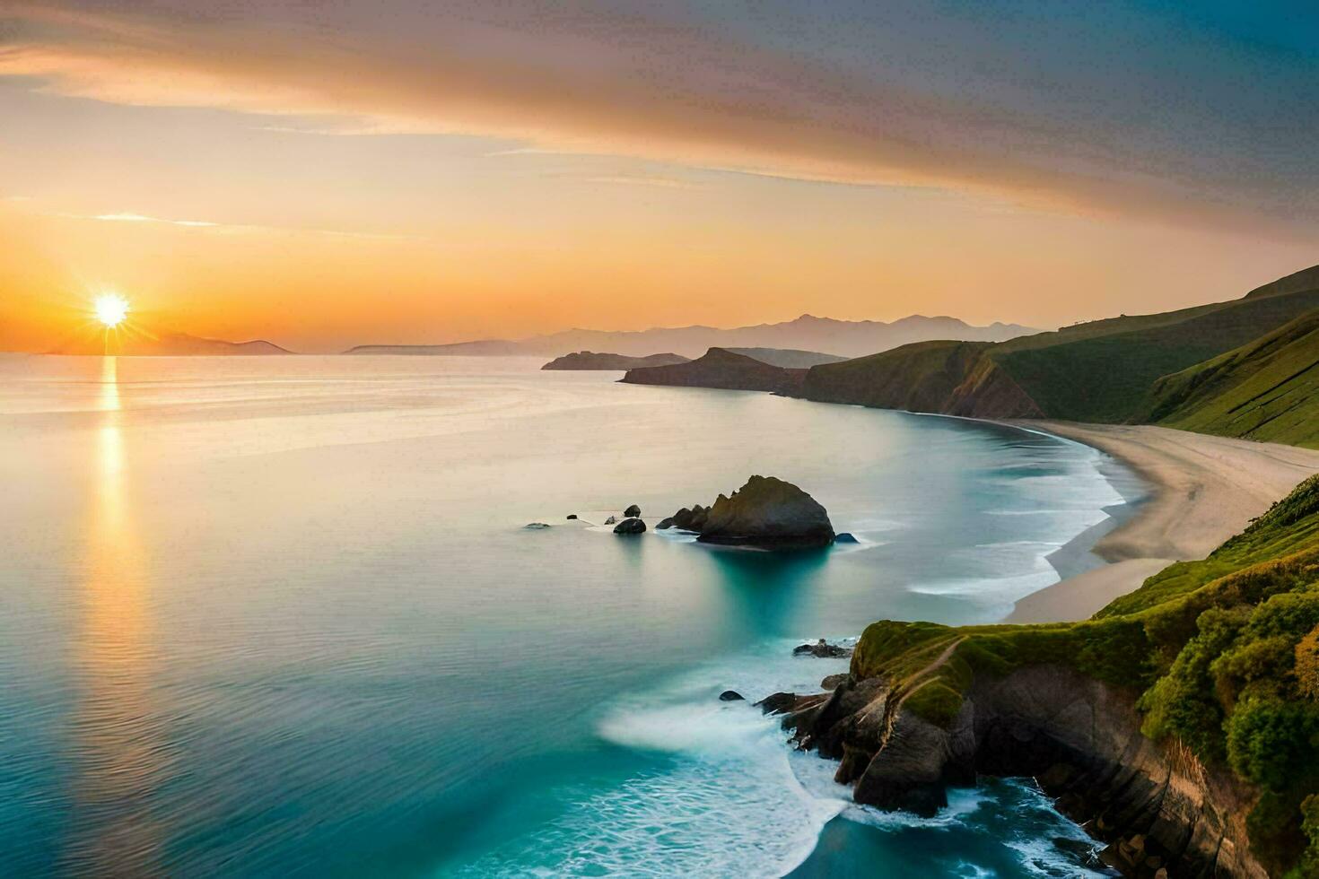 a Sol conjuntos sobre uma de praia e oceano. gerado por IA foto