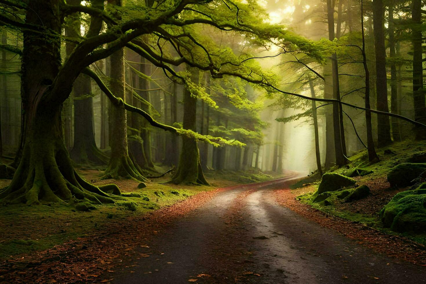 uma estrada dentro a meio do uma floresta com árvores gerado por IA foto