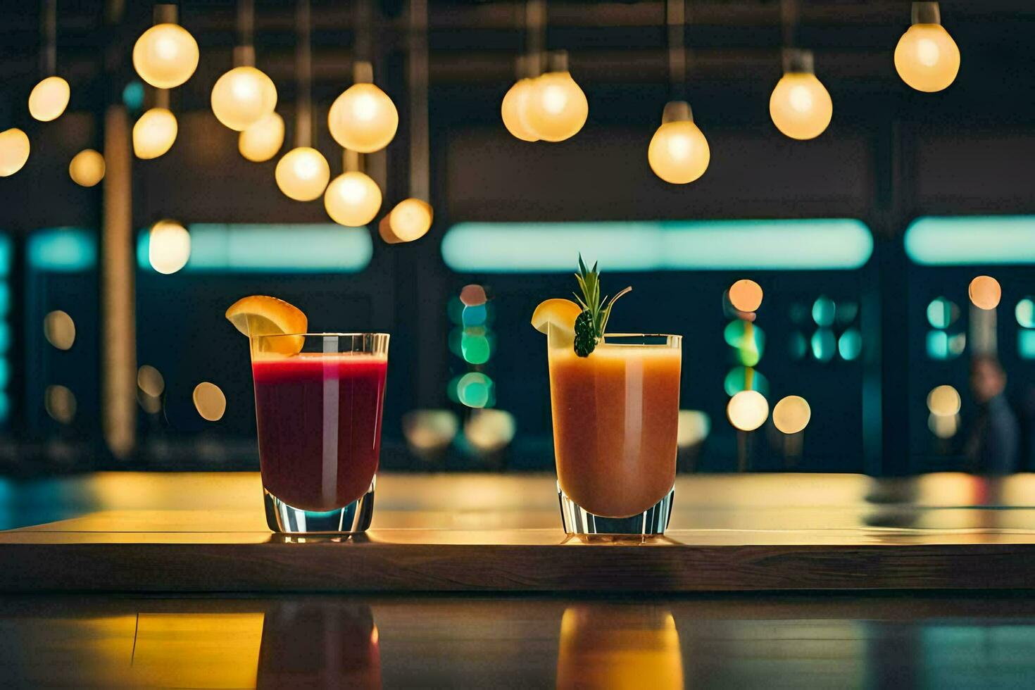 dois bebidas em uma de madeira mesa dentro frente do uma iluminado bar. gerado por IA foto