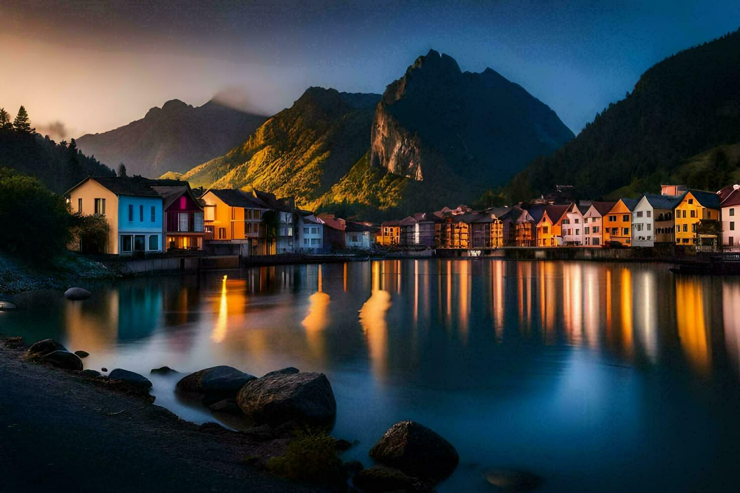 foto papel de parede a céu, montanhas, água, casas, Noruega, a noite, a montanhas. gerado por IA