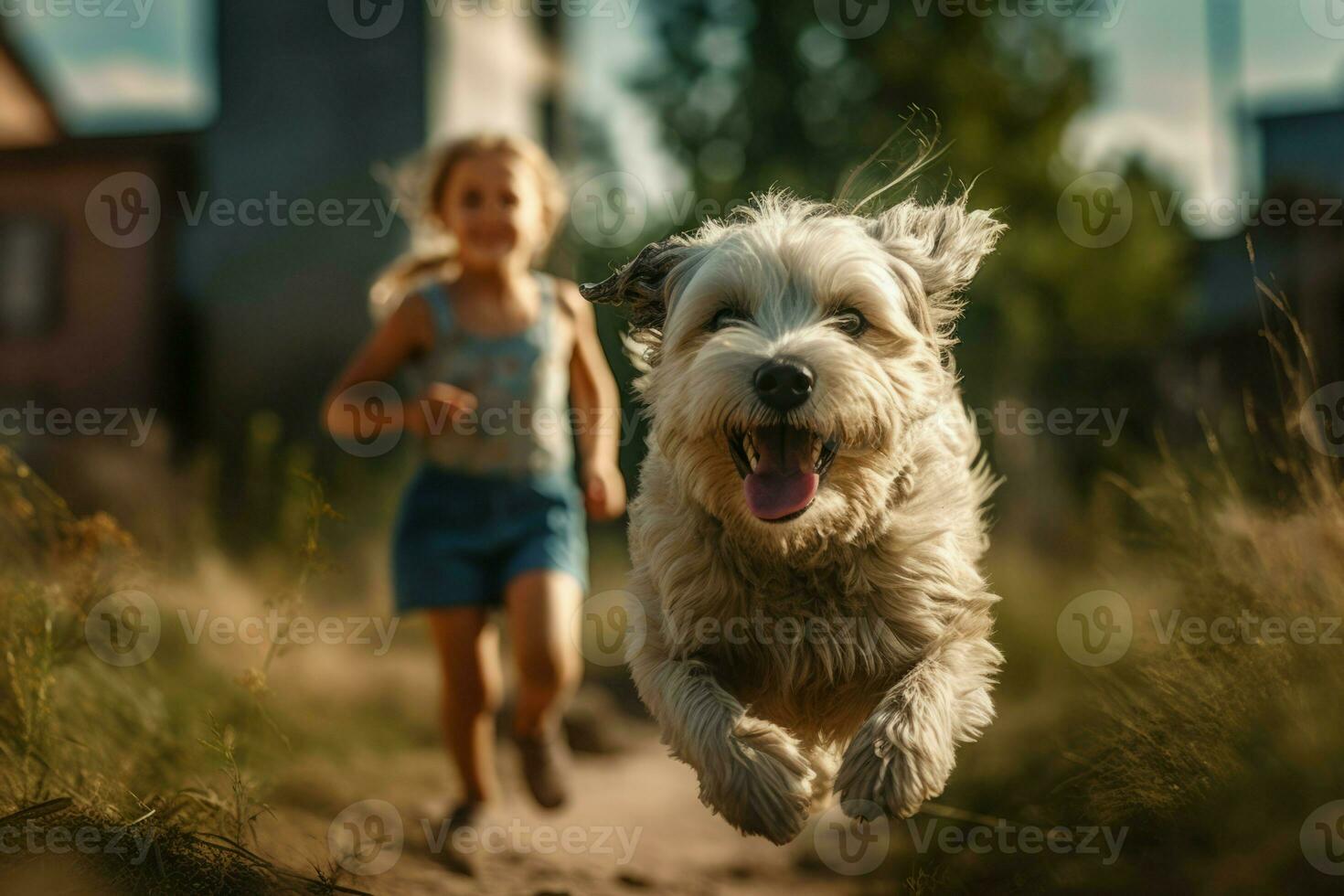 pequeno cachorro animal corrida dentro a verde campo com menina criança pequena. gerar ai foto