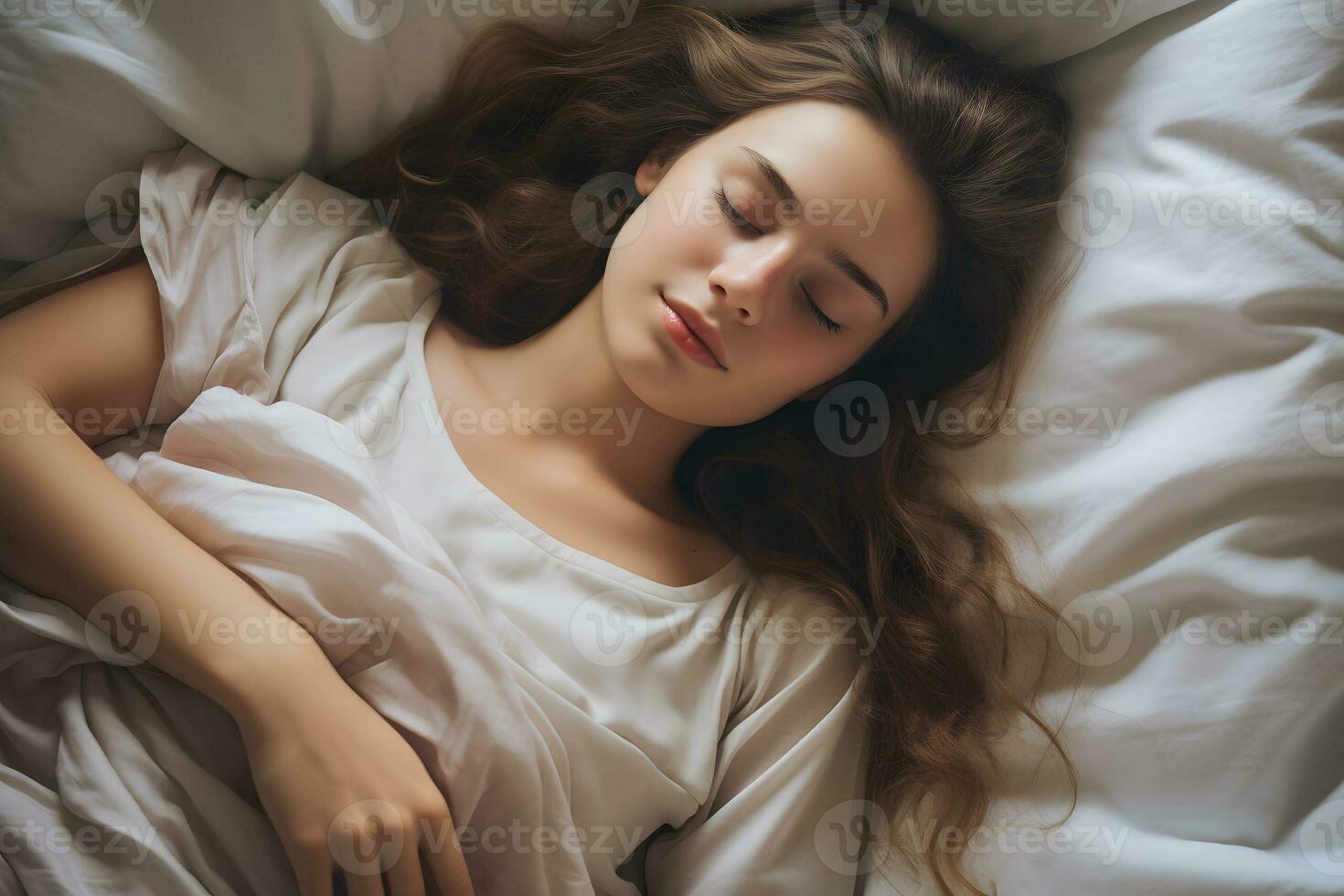 menina dorme pacificamente e docemente dentro dela cama em dela voltar. ai generativo foto
