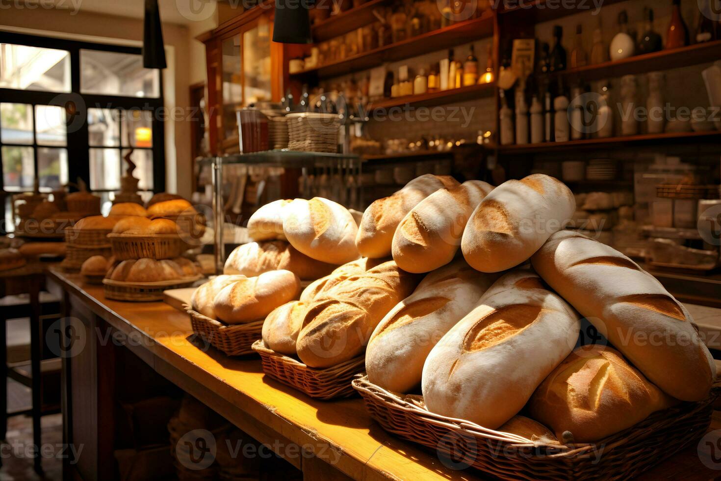 pão fazer compras. vários tipos do fresco pão pães em a prateleiras do privado padaria. ai generativo foto