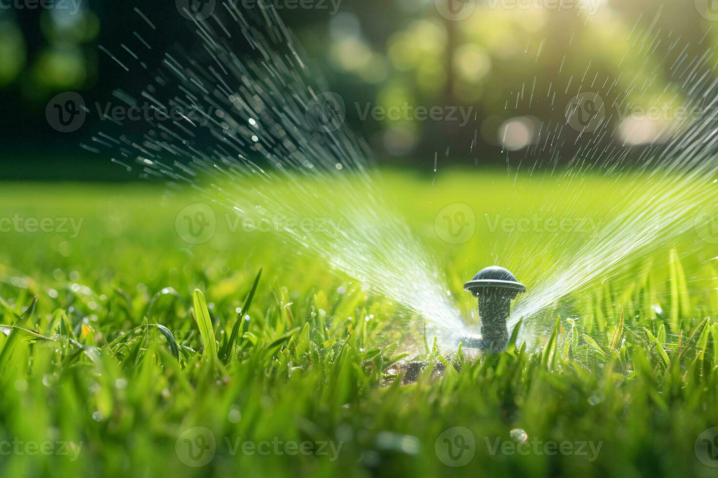 automático gramado aspersor rega verde grama. aspersor com automático sistema. jardim irrigação sistema rega grama. água salvando ou água conservação a partir de aspersor sistema. generativo ai. foto