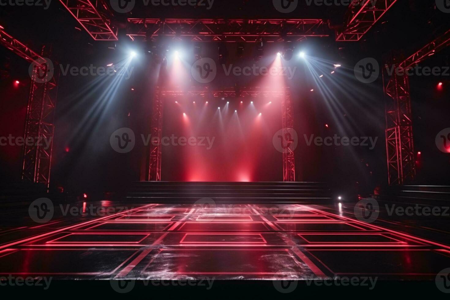 Rocha show etapa luz fundo com Holofote iluminado a etapa para noite música festival. desempenho evento estágio. esvaziar etapa com dramático vermelho cores. entretenimento mostrar. generativo ai. foto