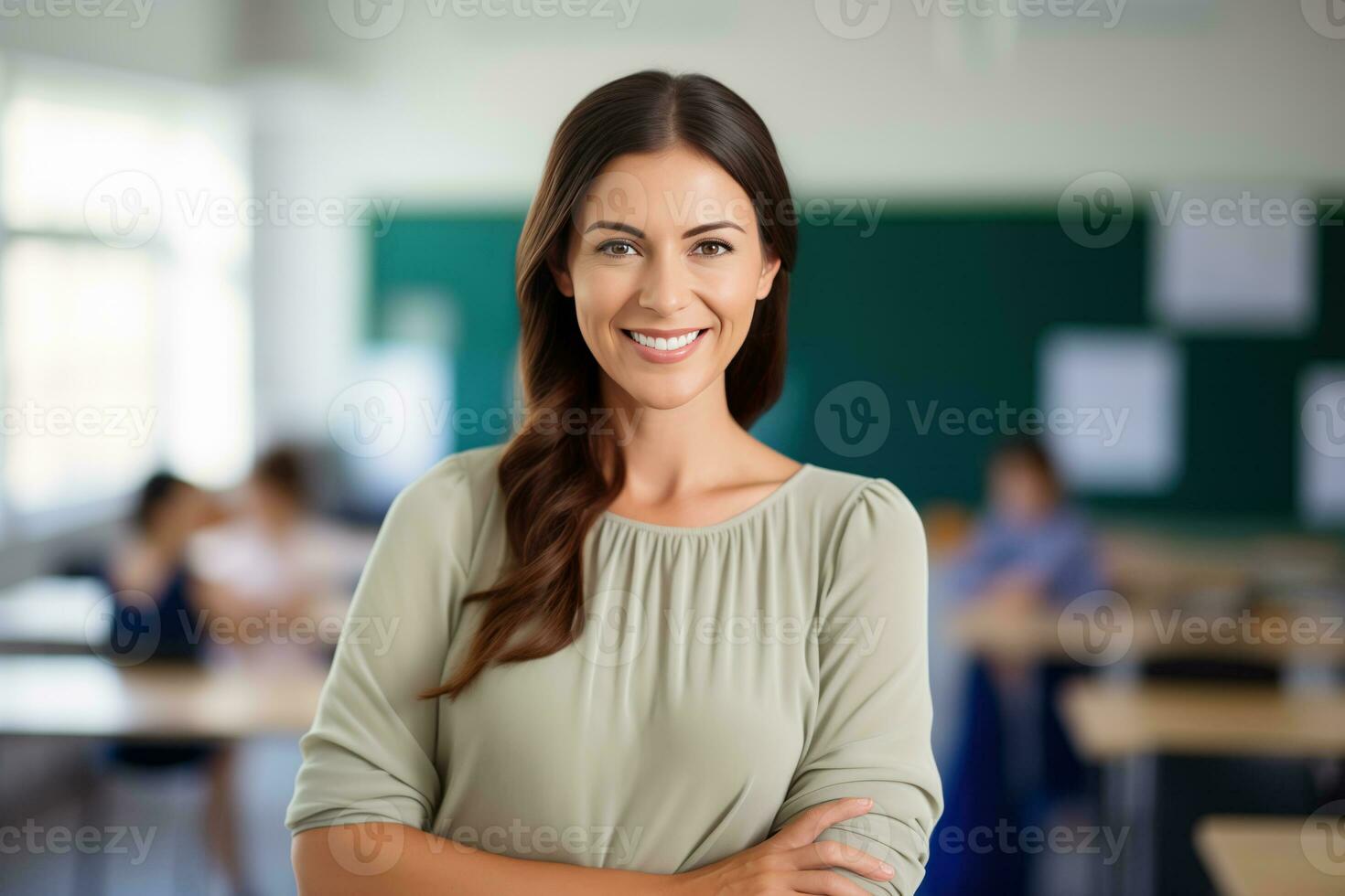 uma jovem fêmea professor com braços cruzado dentro uma sala de aula. ai gerado foto