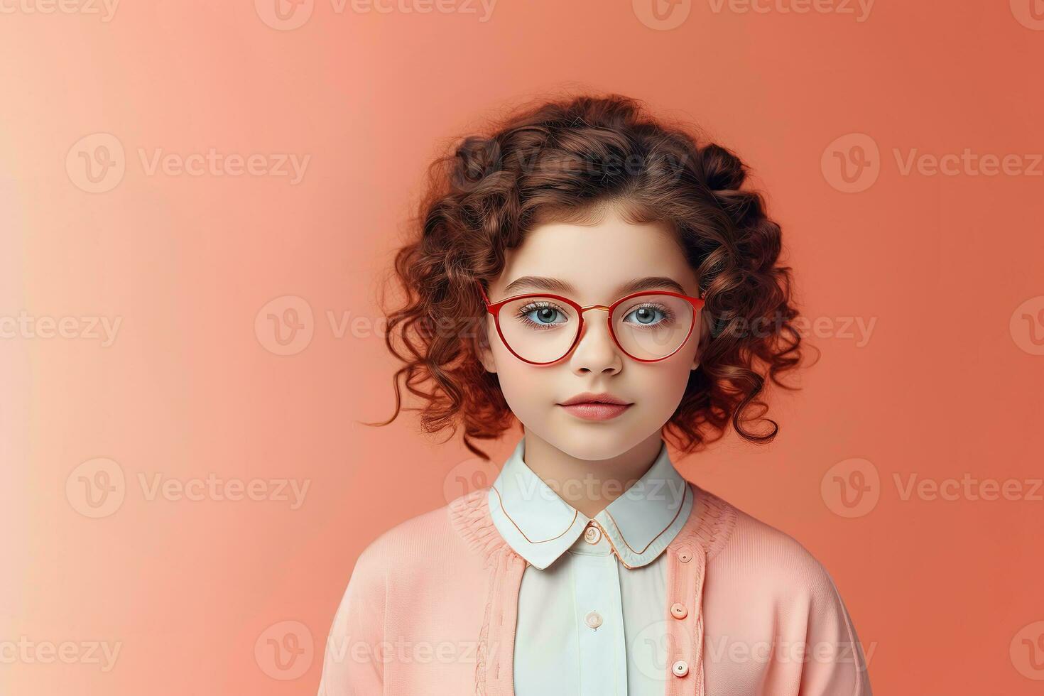 escola aluno, engraçado vermelho cabelo menina dentro óculos em fundo com cópia de espaço, costas para escola ai generativo foto