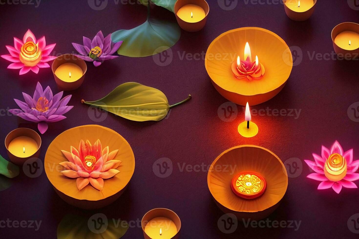 diwali festival do luzes feriado fundo. diya óleo lâmpada, lótus flores e velas. ai generativo foto