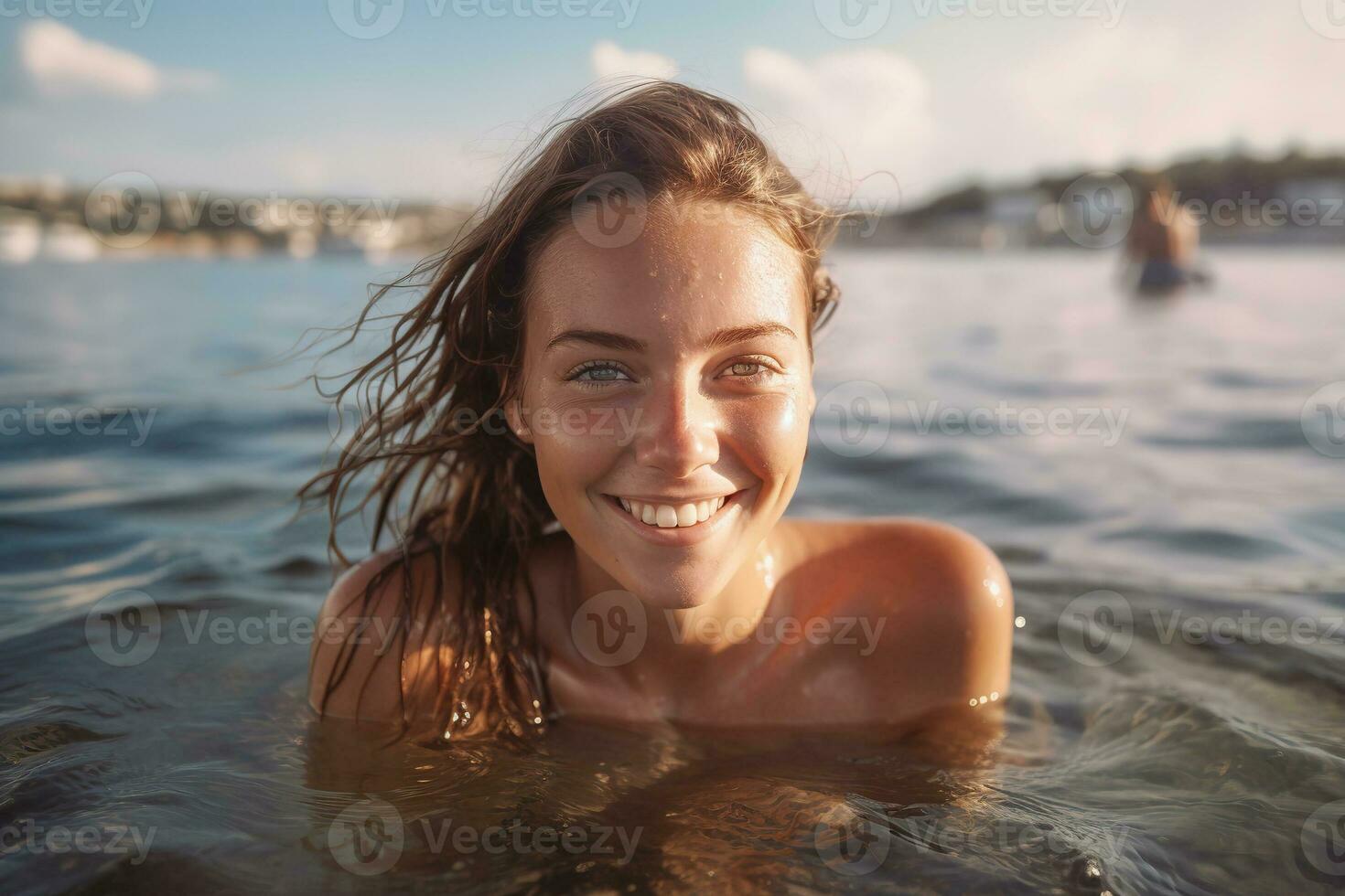 feliz jovem mulher natação dentro mar, fechar acima retrato ai generativo foto