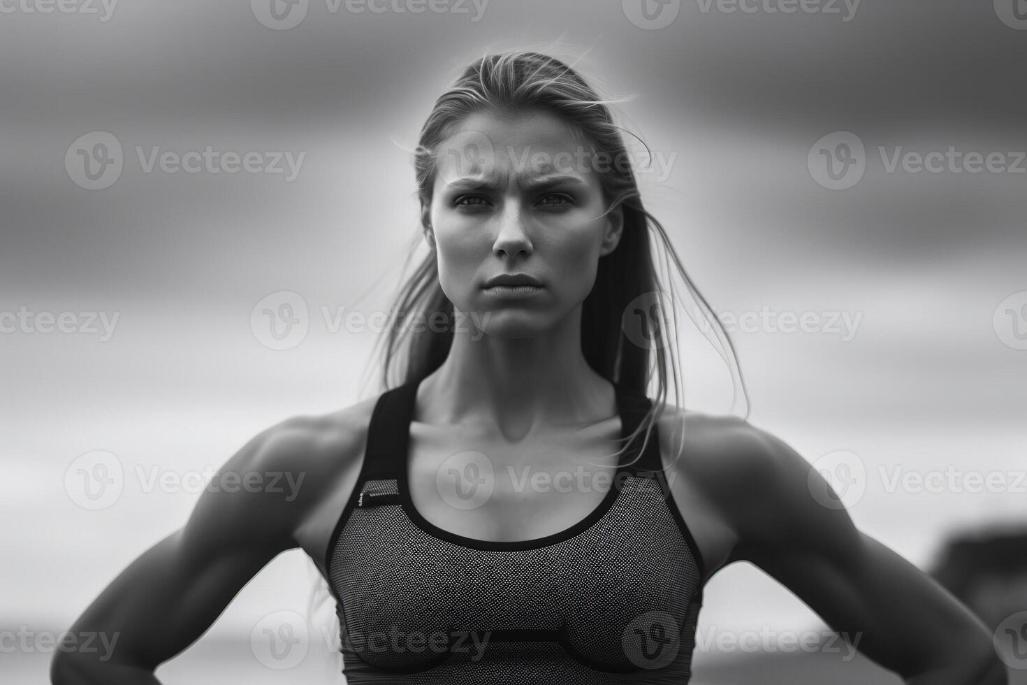 jovem fêmea profissional olímpico nadador, mulher frente visualizar, fechar acima Preto e branco retrato ai generativo foto